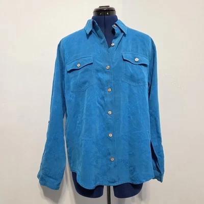 Camisa Chico's Aqua Paisley Seda Abotonada Talla 1 Foto 1 de 4