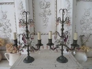 OMG PAIR Old Vintage GIRANDOLES CANDLEHOLDERS Candle Stands Purple Pink Crystals - Picture 1 of 11