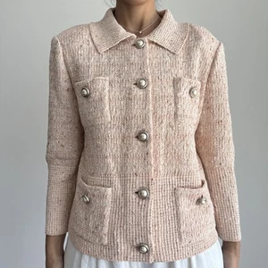St John Tweed Jacket Womens 10 Pink Marled Wool Knit Blazer Quiet Luxury Chic - Picture 1 of 11
