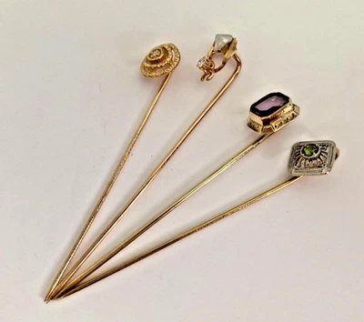 4 Antique 14k Gold Gem Set Stick Pins w Diamond , Peridot, Amethyst & Pearl BIN - Image 1 of 4