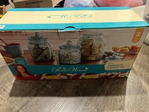 The Pioneer Woman Canister Set Embossed Cassie Teal 3-Pieces Kitchen Storage NEW - Picture 1 of 3