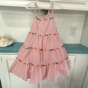 TOMMY BAHAMA STRIPED POMPOM SUNDRESS Girls Size 7 Orange White Lined A-Line - Picture 1 of 12