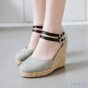 Damenschuhe Keilabsatz High Heels Plateau Pumps runde Spitze Schnalle Knöchelriemen neu - Bild 1 von 10