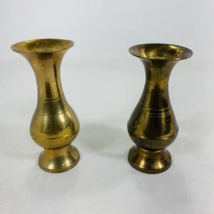 Miniature Brass Colored Vases Fluted  Pedestal Small Flower Rustic India 4" - Picture 1 of 7