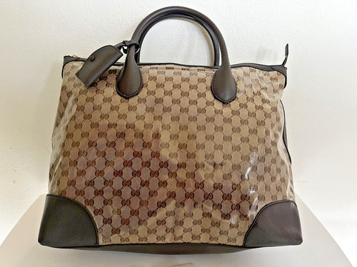 Borsa a mano 100% cristallo Gucci GG marrone finiture in pelle da trasporto bagagli tote 17"