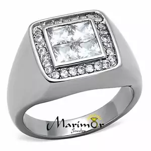 Men's 2.8 Ct Princess Cut Cubic Zirconia Silver Stainless Steel Ring Sz 8-13 - Picture 1 of 6
