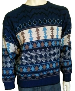 BOTANY BAY TRADERS vintage mens size Large jumper 80s knit blue patterned retro - Picture 1 of 7