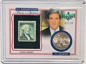 JOHN KERRY 2020 LEAF #/d 02/10 DECISION PIECES OF AMERICA STAMP & QUARTER GREEN