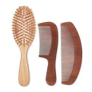 Natural Wood Hair Brush with Wooden Bristles Massage Scalp Comb 3 pcs - Picture 1 of 6