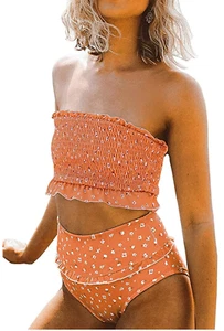 ZESICA Womens Floral Ruched Smocked Top w/High Waist Bottoms Bikini Sz S Orange - Picture 1 of 5