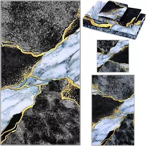 3 Pack Black Marble Bathroom Towels Set Gold Line Hand Towels Black Bath Towels - Picture 1 of 12