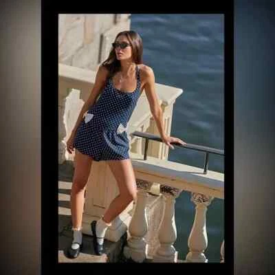 Traje de Juego Free People HIGH STRUNG Lunares Lazo Halter Azul M Nuevo sin Etiquetas $128 Foto 1 de 4