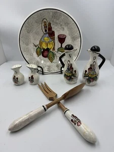 Rare VTG Style Ceramic Salad Set Bowl Oil Vinegar Cruet Salt & Pepper Shakers - Picture 1 of 16