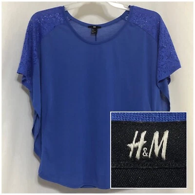 Sz M Medium H&M Women’s Short Lace Sleeve, Stretchy, Blue, Knit Blouse Top Shirt - Image 1 of 4