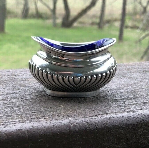 Sterling Silver Salt Cellar Helmet Shaped Cobalt Insert Birmingham 1931 W.Adams Cover