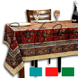 Cotton Vegetable Dye Hand Block Print Tablecloth Rectangle Beige Blue Green Red - Picture 1 of 20