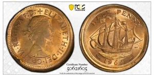 1964 UK BRITAIN MINT ERRO BROADSTRUCK 1/2D COPPER COINPCGS MS63RB - Picture 1 of 4