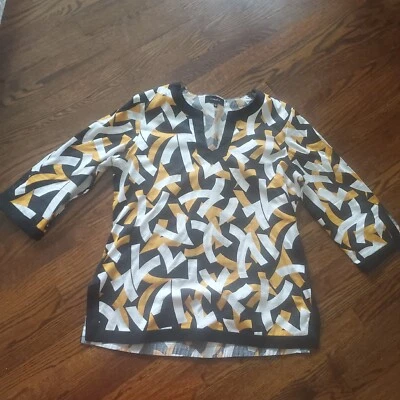 Jones New York Print Top Black Mustard Split Sides Sz L Business Casual... - Image 1 of 3