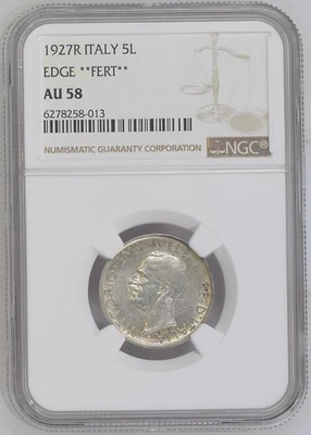 Italy 5 Lire 1927R Edge "FERT" NGC AU 58 - Image 1 of 2