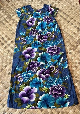 JC PENNYS HAWAII 1960s Cotton Blue Hibiscus Floral Prt Maxi Dress Back Zip Large - Image 1 of 3