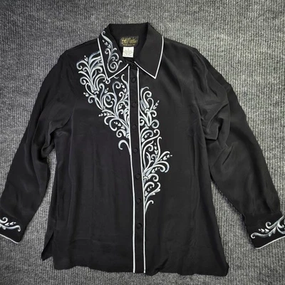 Bob Mackie Shirt Womens M Black Silk Blue Embroidered Western Button Up Blouse - Image 1 of 4