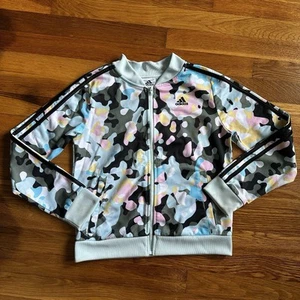 Adidas Girls Camouflage Pastel Colors Zip Jacket Size 14 Embroidered Black Logo - Picture 1 of 11