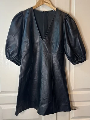 GANNI Lamb Leather Mini Dress Black Sz 34/U.S. XS Puff Sleeves - image 1 of 4