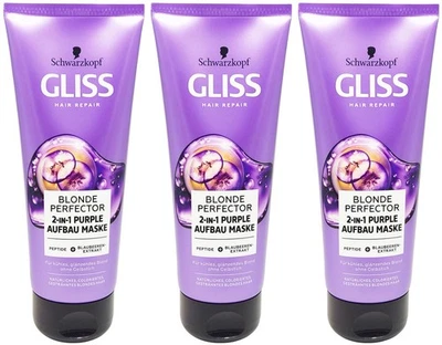 GLISS KUR 3x Gliss Blonde Perfector PURPLE AUFBAU-MASKE 200ml kühles Blond ohne Gelbstich