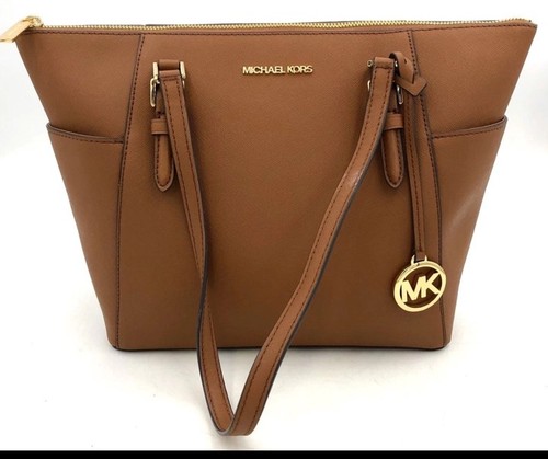 ???MICHAEL KORS Borsa a tracolla Charlotte in pelle marrone saffiano con cerniera superiore