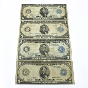 Series of 1914 $5 US Federal Reserve Notes Large Size Currency Lot of 4 #C709-4 - Picture 1 of 7