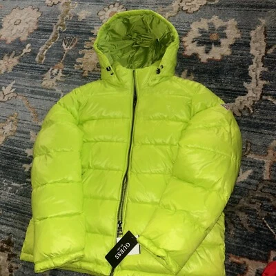 NEW- GUESS Puffer Jacket Removable Hood, 119RN716, Men's Size L  $225 Nwt Neon - Image 1 of 4