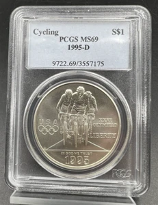 1995 D Atlanta Olympics Cycling 90% Silver Commemorative Dollar PCGS MS69 BU - Picture 1 of 4