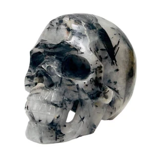 Black Tourmaline in Quartz Skull Hollow Jaw Healing Crystal Carving 715g - Picture 1 of 12