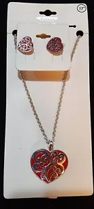Icon Collection Red & Silver Tone 17" Heart Necklace & Pierced Earrings 25% off - Picture 1 of 7