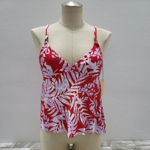 Women's Square Neck Sharkbite Hem Tankini Top Kona Sol Red & White Leaf XS (0-2) - Picture 1 of 12