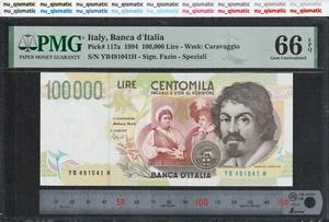 1994 Italy 100000 Lire, PMG 66 EPQ, Gem UNC, Pick# 117a - Picture 1 of 4