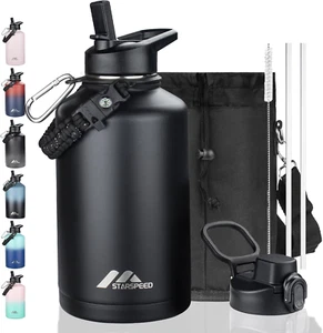 64Oz Insulated Water Bottle with Straws & 2 Lids, Half Gallon Stainless Steel Do - Picture 1 of 12