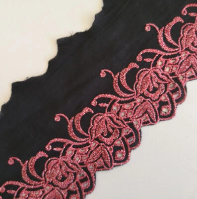 5y 4" Wide Black Cotton Lace with Embroidered Red / Silver Metallic Flower b0191 - Image 1 of 2