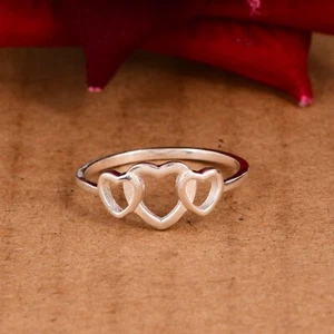 925 Sterling Silver Triple Heart Ring - Plain Silver Dainty Band - Gift for Her - Picture 1 of 12