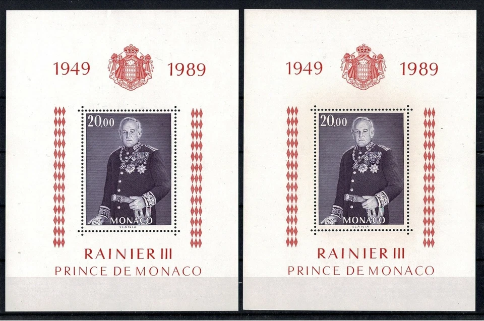 MONACO MS YVERT BLOC 45 + 45a " RAINIER III 20F LILAC BROWN + BROWN GREY" MNH VF - Image 1 of 1