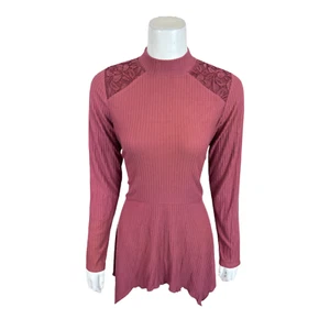 LOGO by Lori Goldstein Long-Sleeves Knit Top with Lace Inset Pink Medium Size  - Picture 1 of 2