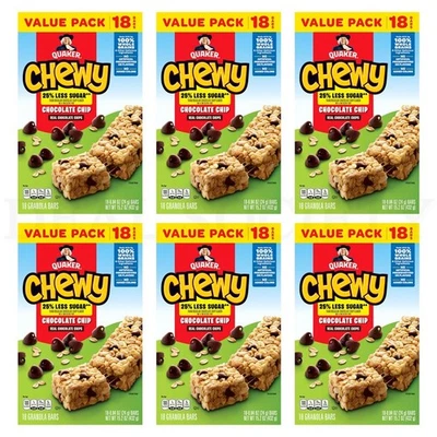 Quaker Reduced Sugar Chocolate Chip Chewy Granola Bars 18 Count Lot of 6 - Image 1 of 4