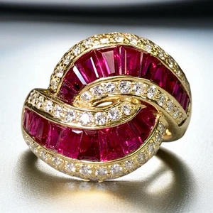 Estate 18K Yellow Gold Baguette Ruby Diamond Wide Bypass Cocktail Ring 6.15ctw - Picture 1 of 11