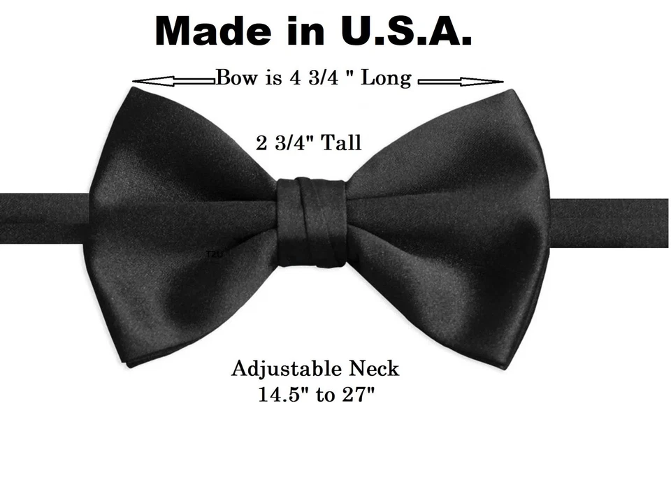 NEW Quality Men's Black Satin Tuxedo Double Dimple Bow Tie Big Tall  14.5" - 27" - Image 1 of 4
