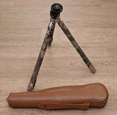 VELBON BROWN LEATHER CASE WITH EXTENDABLE CAMOUFLAGE WRAPPED CAMERA TRIPOD - Image 1 of 4