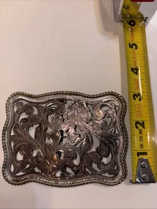Unisex Western Floral Cutout 3IN Nickel Belt Buckle PREOWNED - Picture 1 of 5
