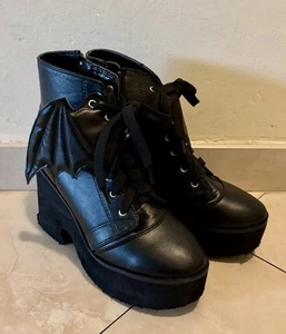 Size 7 Iron Fist Black Bat Goth Women's Platform Boots - Picture 1 of 4