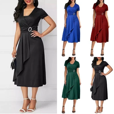 Lady PROM Long Dress Ruched Cocktail Party Short Sleeves Swing Dresses Plus Size - Image 1 of 4