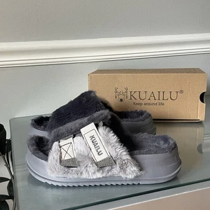 KUAIIU Damen Fuzzy Hausschuhe US 8 EU 38,5 - Grau Kunstfell Kuschelig Indoor Outdoor - Bild 1 von 8