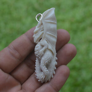Dragon Carving 70x23mm Pendant P5175 w/ Silver in Antler Hand Carved